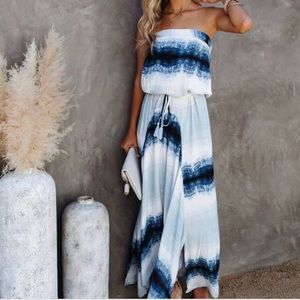 Vici Blue Tie Dye Strapless Midi Dress